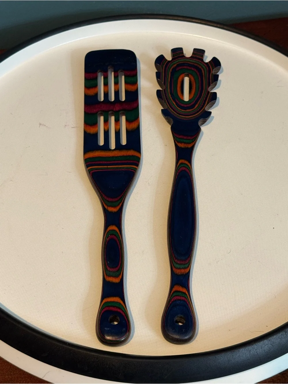 Pair of PAKKA Rainbow HARDWOOD UTENSILS - Spatula and Slotted Pasta Spoon